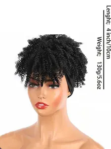 Headband Wigs for Synthetic Short Afro Kinky Curly Wigs Dark Brown Wig with Bangs Wrap Wigs 2 in 1 Turban Wig Drawstring High Puff Wigs Headwrap Wigs with Headband Attached Updo