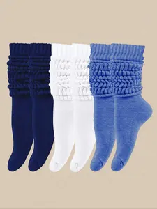 Women's Solid Color Knit Socks, Mid-Calf, Breathable, Warm, Long, Casual, Everyday, Sports, Fit, Cotton, Blue &, Soft Comfort, Fall Winter, Breathable Plain Socks