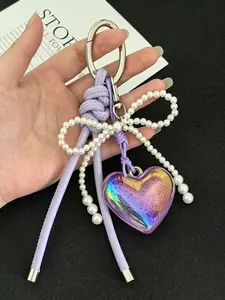 Acrylic Heart Bow Bag Charm, Cute Holographic Heart Keychain, Y2K Style Pearl Rope, Perfect for Handbags and Backpacks