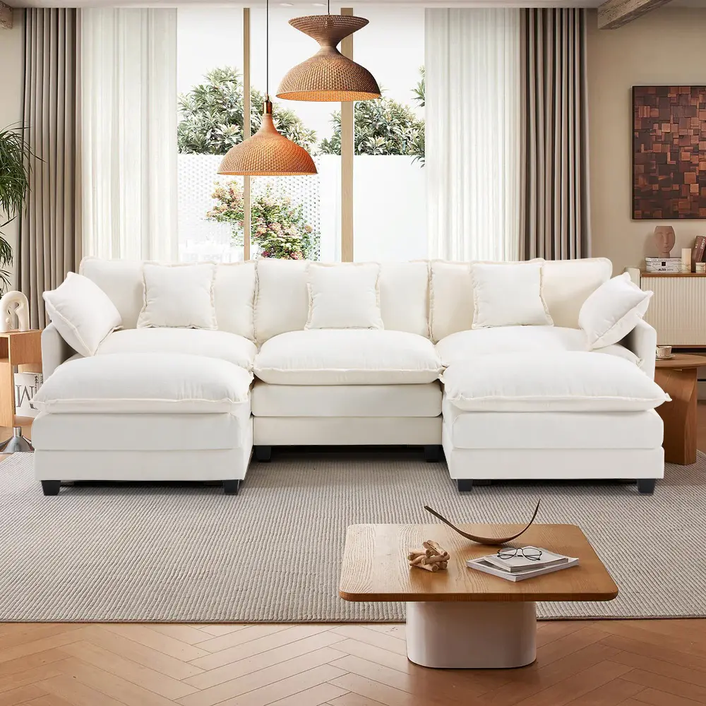 IHanHerry 113.4" U-Shaped Modular Sectional Sofa - Cozy Lazy Cloud Couch, Comfy 3-Seater Chenille Blush Pink Linen Deep Seat, 2 Movable Ottomans, Modular Layout for Living Room, Cozy Sofa, Lazy Cloud Sofa