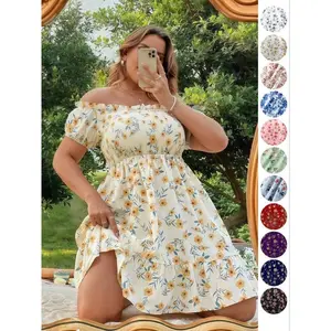 Oversized printed off-shoulder A-line skirt, romantic shirt-pleated skirt, suitable for beach vacations, summer women’s plus-size dress GARMENTARY