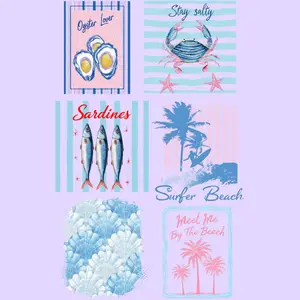 Trendy Coastal Summer DTF Transfers Beach Ready to Press Designs with Oysters Crabs Sardines Shells Palm Trees & Surfer Artwork for Custom Apparel