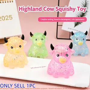 1pc Glitter Highland Cow Stress Relief Toy, Colorful Transparent Soft Tpr, Cute Animal Slow Rebound, Perfect for Holidays and Parties