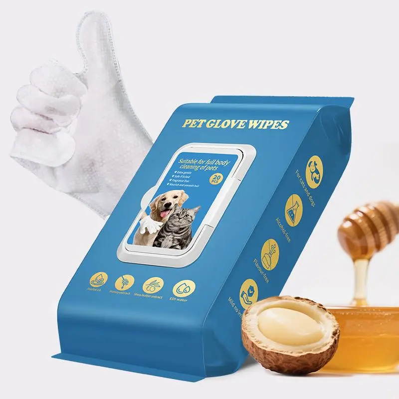 20pc Pet Cleaning Gloves, Dog & Cat Bath Wipes, Hypoallergenic Grooming Wipes, Grooming Products, Low Allergy, Deodorizing, No Rinse Hair Care, Perfect for Paws, Body, Tail, Lavender Scent