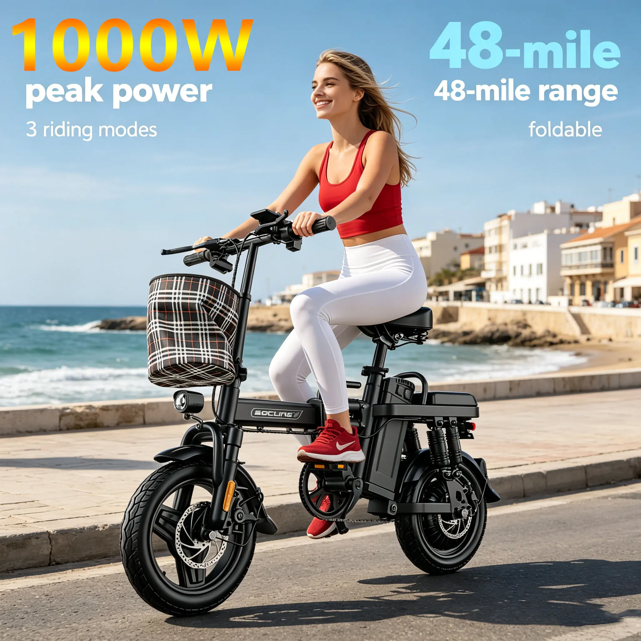 High Performance Z1 14" Foldable Electric Bike - 1000W Motor, 15Ah Removable Battery (48 mi Max Range), High Carbon Steel Body, Dual Disc Brakes, LED Speed Indicator, Remote Start Lock, Commuter & Outdoor E-Bike