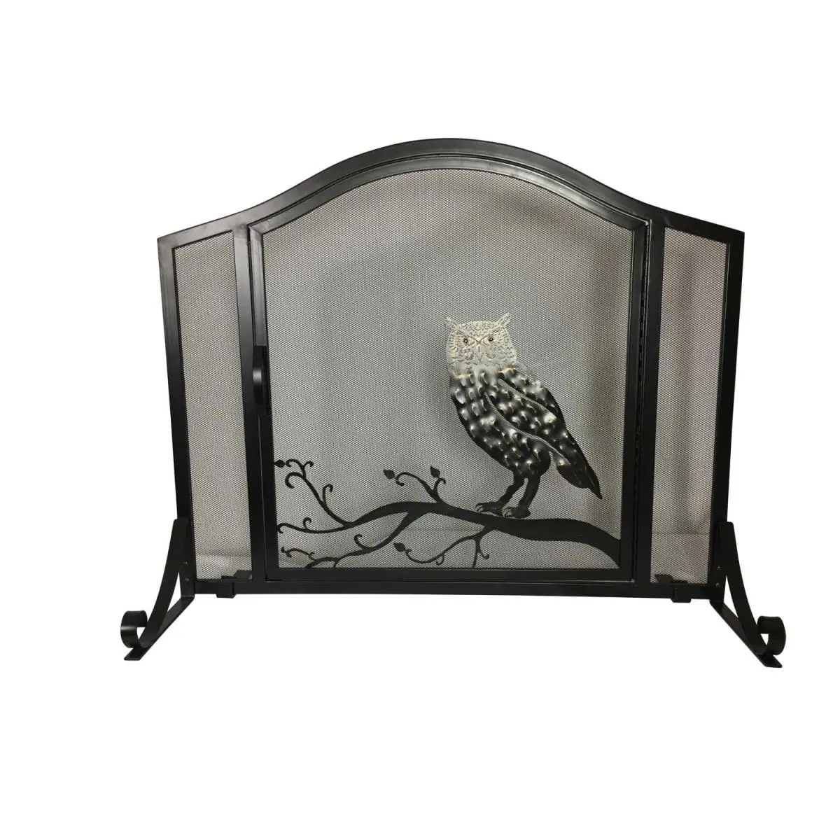 212 MAIN Wrought Iron Arched Panel Fireplace Screen with Door, Steel Frame, Dagan Owl Motif, Black-Hand Brushed Bronze Finish, Adjustable Legs, Spark Guard