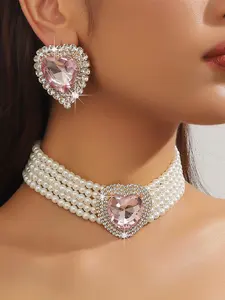 Elegant Faux Pearl & Heart Decor Choker & Dangle Earrings, Fashion Jewelry for Party, Daily Clothing Decor, Trendy All-match & Exquisite Jewelry for Birthday Gift, Glamour Set, Fashionable Jewelry Set, Matching Jewelry Set
