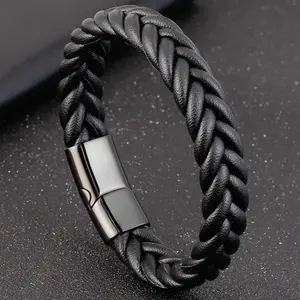 Braided Black Leather Bracelet with Stainless Steel Magnetic Clasp