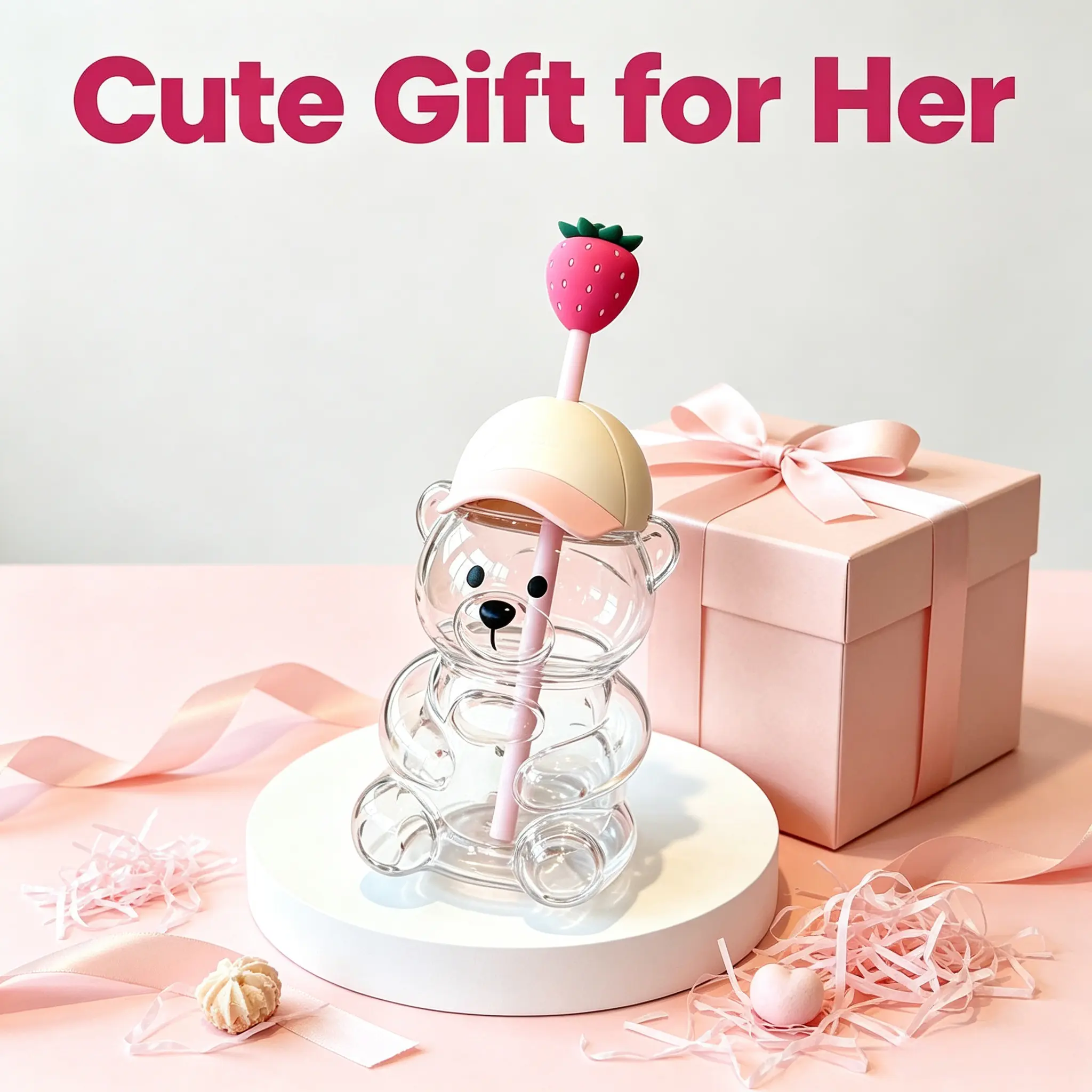 SummerWins  Strawberry Bear Shaped Glass Cups, Romantic Pink & Green Teddy Bear Glass Mug with Airtight Cap, Decorative Drinking Jar for Valentine’s Party Decor, Engagement, Anniversary Gift, Creative Cocktail & Soda Glassware