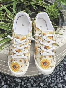 New Sunflower Print Canvas Shoes for Women, Trend Low-Top Lace-Up Casual Breathable Sneakers, All-Season Comfortable Daily Wear