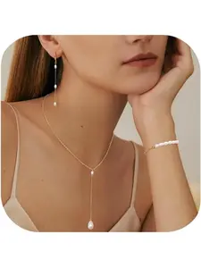 Elegant 4 Pcs Golden Gentle Jewelry Set Copper Pearl Jewelry for Women Men Stylish Necklace Earrings Bracelet Set Jewelry Adjustable Choker Drop Earrings Dainty Wedding Jewelry Set