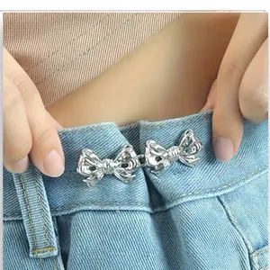 Casual Stylish Metal Waist Tightener Pair - Adjustable Bow Cinch, 3 Color Options (Silver, Gold, Gunmetal) - Reusable Clothing Brooch Pin for Loose Pants, Jeans, No Sewing Needed