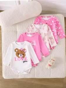 Baby Girls' Soft Comfortable Cartoon Bear & Bow Print Long Sleeve Onesies Set, Cute Sweet Fitted Above the Knee, 4 Pieces Baby Clothes Girl Spring Summer Fall Winter