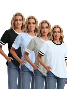 Women's 4-Pack Striped Trim Crew Neck Athletic T-Shirts, Casual Short Sleeve Workout Tees, Breathable Loose Fit Sports Tops for Gym & Daily Wear