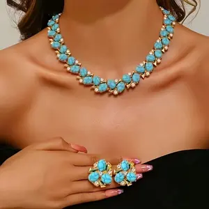 Vintage Elegant Turquoise Jewelry Set Bohemian Style Necklace Earrings for Women Luxury Party Vacation Dance Hall Accessories Perfect Gift