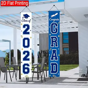 2D Flat Banner for 2026 Graduation Season Party, Blue and Graduation Cap Design, Indoor Outdoor Décor, Polyester Material, Grad Party Decorations