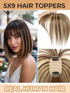 5*9 Human Hair Topper with Bangs Straight Style, Invisible Clips, Covers Gray Hair, Suitable for Daily Wear and Special Occasions, Designed for Women Experiencing Hair Loss or Thinning Hair, Available in Multiple Colors and Styles