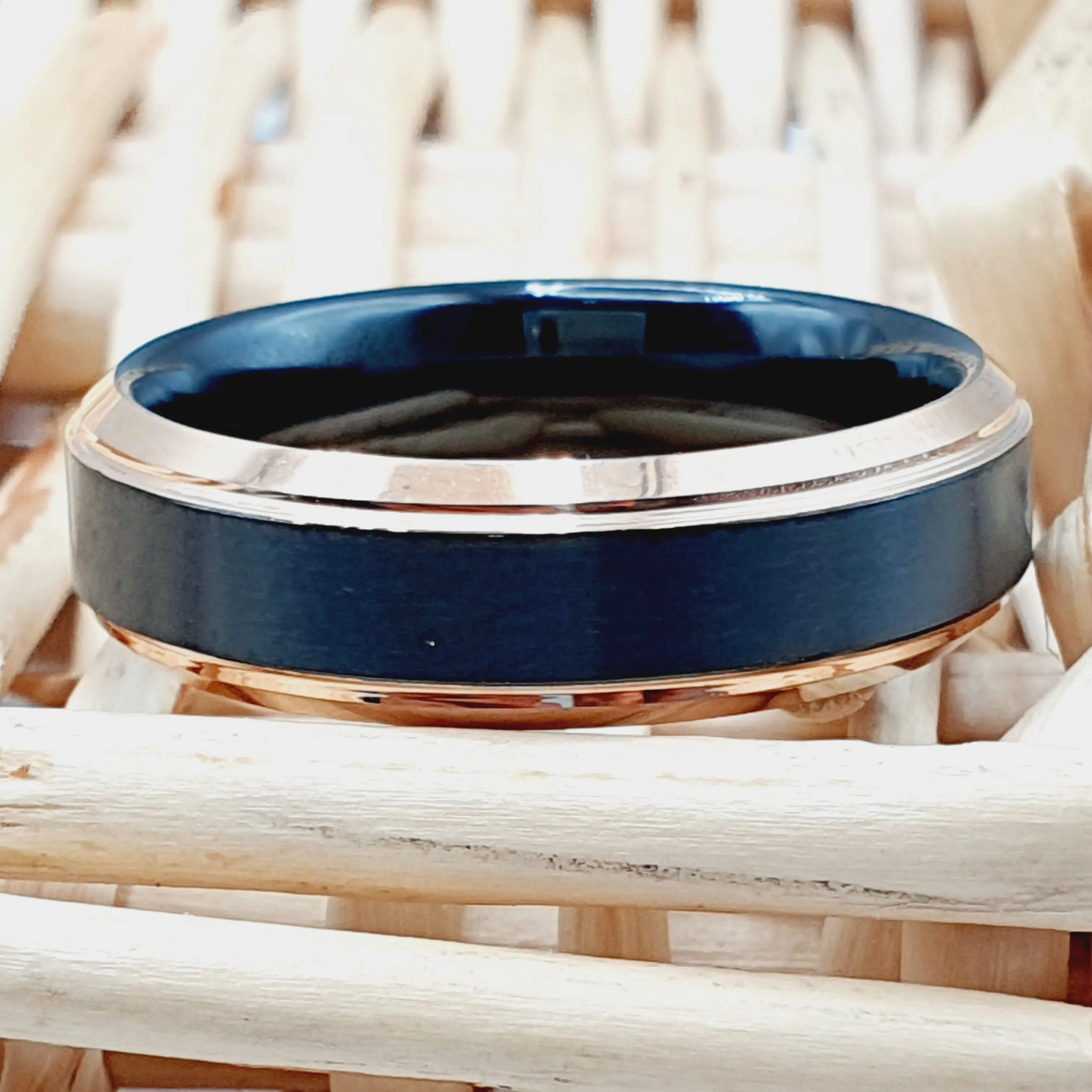 Two Tone Wedding Men's Band Black & Rose Gold IP Brush Center Step Edge Ring