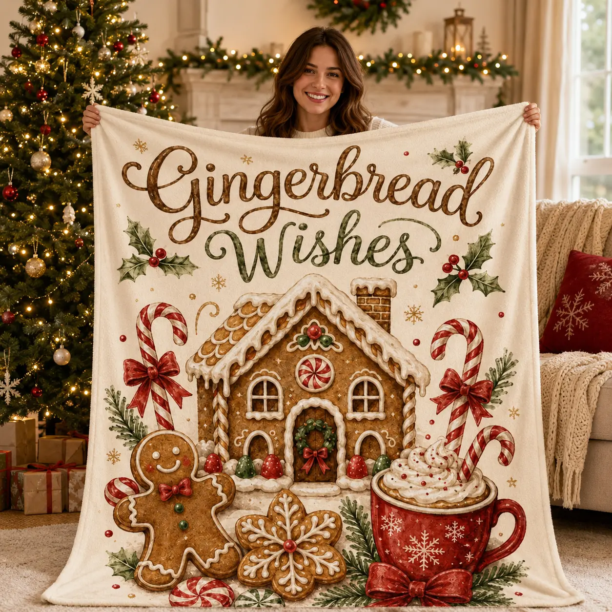 Christmas Holiday Throw Blanket with Gingerbread Motifs & Christmas Tree Designs - Festive Holiday Styles for Sofa, Bed, Living Room Decor & Home Relaxation