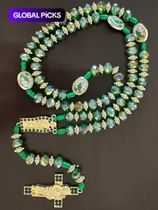 Rosary Saint Jude Virgin Mary Green Crystal Beaded Beads Catholic Necklace, Cross Design Pendant Protection Blessing Charm, Handmade Religious Jewelry Gift for Men & Women, Car Hanging Ornament for Christmas & Halloween