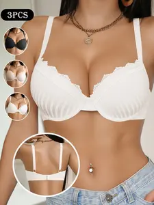 Women's Cotton Fabric Bra Set, Anti-Drop Thin Cup Breathable Bras, 3-Piece Pack, Comfortable and Versatile Underwear