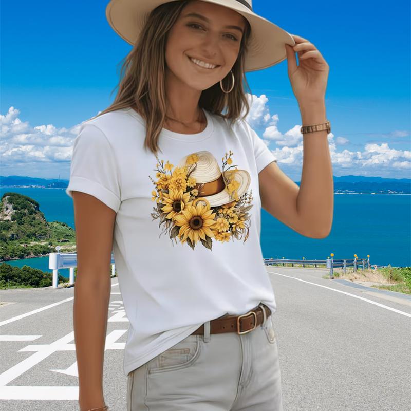 Women's Pure Cotton Fitted Cut Short Sleeve A-Type Sunflower Graphic Backless Basic Streetwear T-Shirt - Lightweight Soft Casual Outdoors Valentine's Day Top