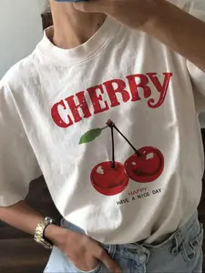 Women's Cherry Print Round Neck Fitted Tee, Fashion Casual Short Sleeve T-shirt for Daily Wear, Ladies Clothes for Summer