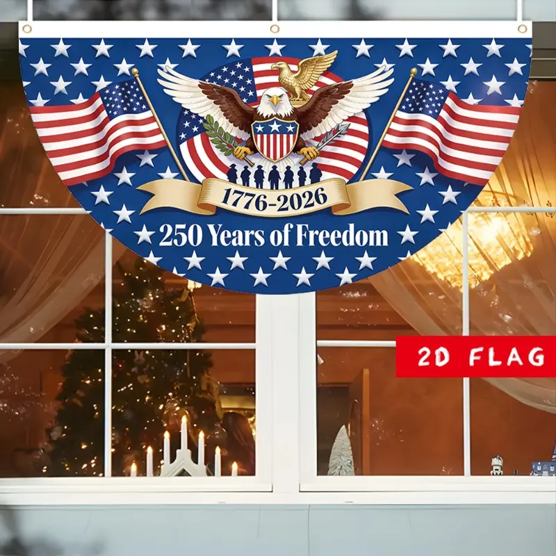 USA 250th Anniversary Hand-Held 2D Flat Polyester Banner - Semi-Circle Independence Day Decorative Flag, Fade Resistant, All-Seasons Durability, Hangable, Fits Most Standard Flagpoles, 1 Roll Rope Included, for Porch Garden Outdoors Decor