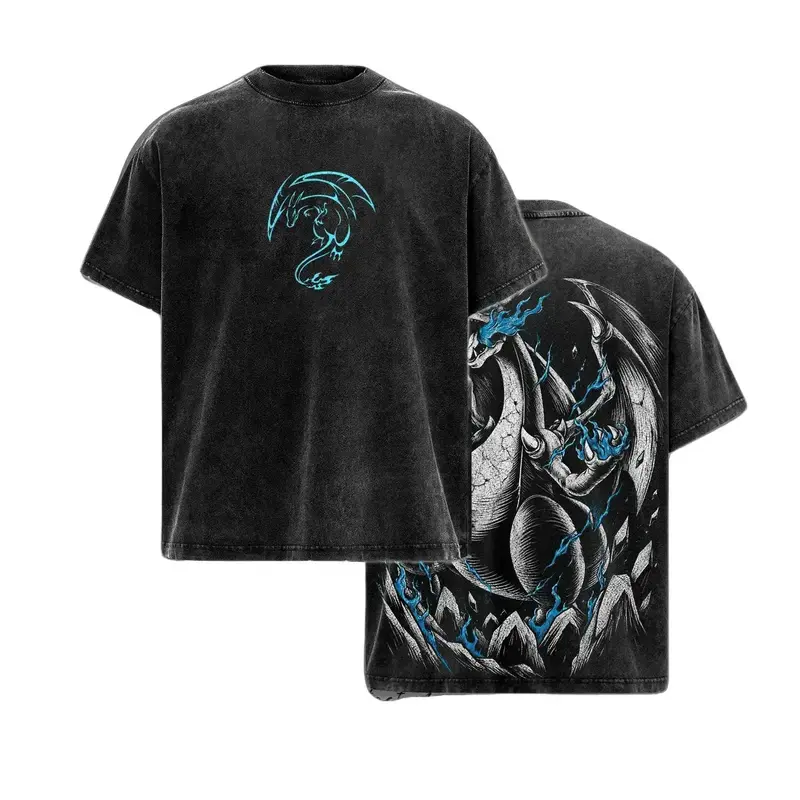 Men's Oversized Anime Graphic T-Shirt 100% Cotton Vintage Washed Edgy Streetwear Gym Tee. Charizard Greninja Lucario Gyarados Monster Collection. Boxy Fit Heavyweight Short Sleeve Y2K Top For Gamers Otaku Casual Wear Dark Aesthetic T-Shirts Men