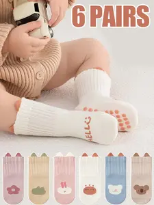6 Pairs Children Socks Baby Walking Socks Girls Indoor Floor Anti-Slip Socks Cartoon Pattern Newborn Baby Socks Boys Girls Short Socks
