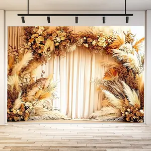 1pc of rustic air-dried flower for wedding/event decoration background banner - gold amber cream rose reed blade, transparent curtain background, romantic and comfortable event background