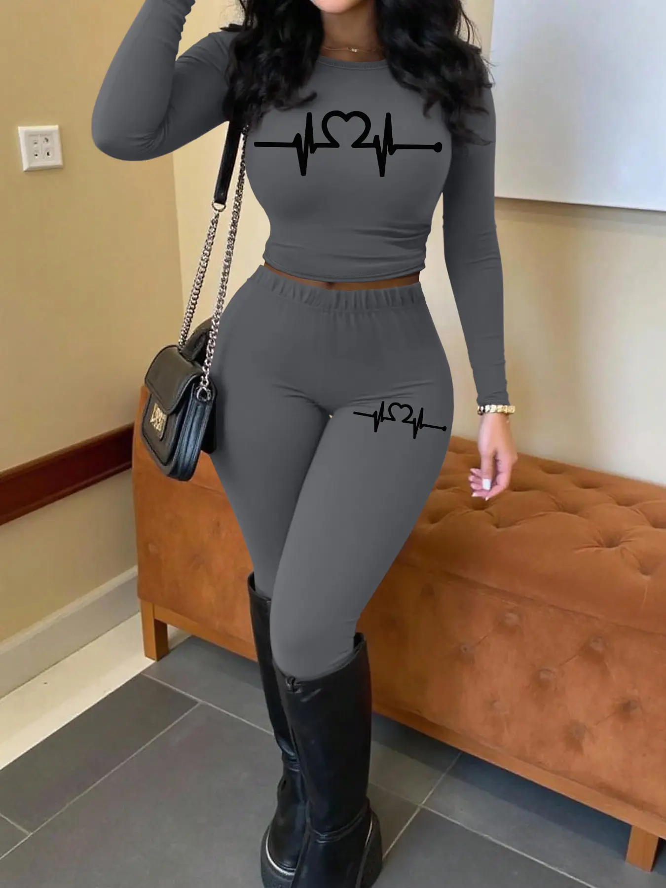 Valentine's Day Spring Fall Casual Heart Print Women's Long Sleeve Crop Top + Pants Set, Slim Fit, 10 Colors Available