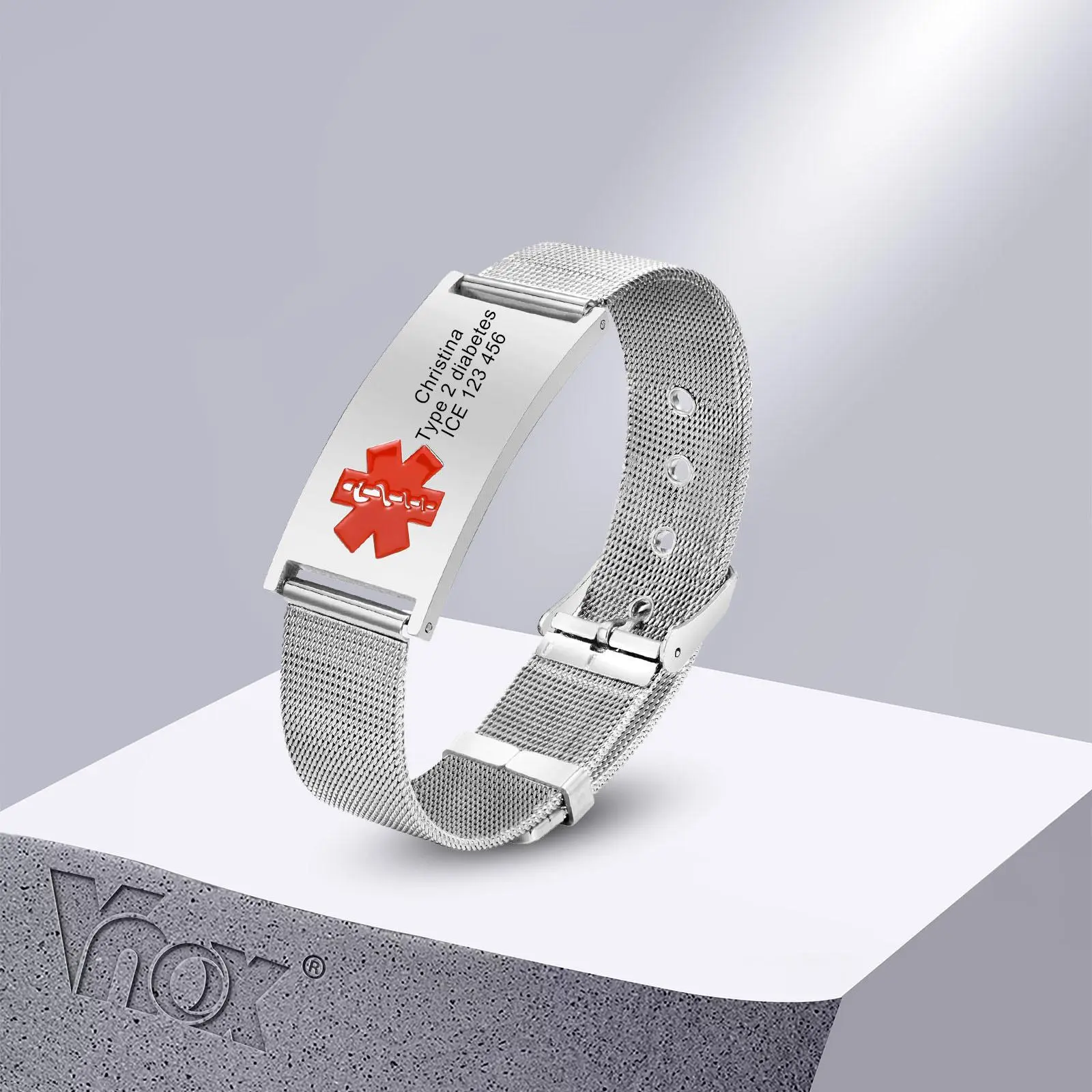 Vnox 10mm/16mm Medical Alert ID Bracelets, Men Women Mesh Band Bracelet, Free Engrave SOS Emergency Contact Bangle