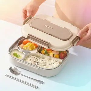 Portable Leak-Proof Bento Box 4-Compartment 304 Stainless Steel Food Container with Insulated Lunch Bag Built-in Utensil Compartment Water Heating Function for Office School Picnic Pet Treats Healthy Meal Prep