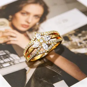 Luxury Golden-Tone Anniversary Ring for Women, Marquise Cut Statement Band with Pavé Accents, Elegant Engagement Jewelry Gift for Weddings, Parties & Special Occasions