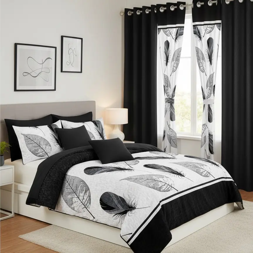Black & White Feather 9-Piece Bedspread Set with 6 Curtains, 2-in-1 Lightweight Quilted Bed Cover & Semi-Sheer Light Filtering Window Drapes, Soft Bamboo Microfiber Decor Bedding, Breathable Machine Washable, Queen/King/Cal King | NOT Thick Comforter