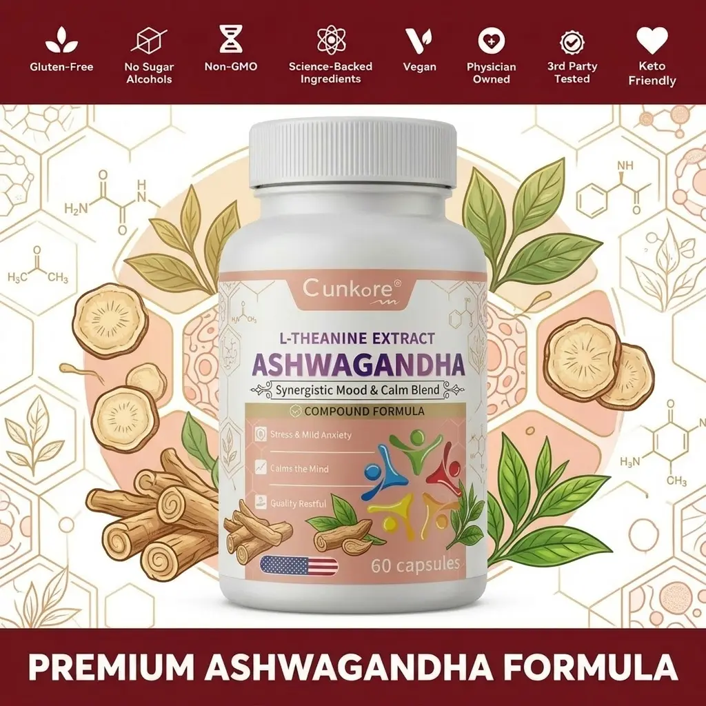【Buy 2 Get 1 Free】Cunkore Natural 8-in-1 Synergistic GMO-Free Dietary Supplement - Ashwagandha, Magnesium Glycinate, L-Theanine, 5-HTP - Melatonin-Free Healthy Magnesium Sleep Support for Cortisol Balance, Mood, Mental Clarity, Healthy Sleep Supplements s