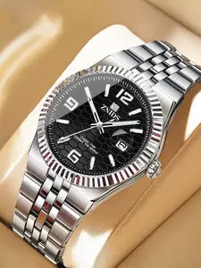 Men's Quartz Watch with Calendar Display, Honeycomb Round Dial, Butterfly Buckle Stainless Steel Strap, Luminous Waterproof Fashion Accessory