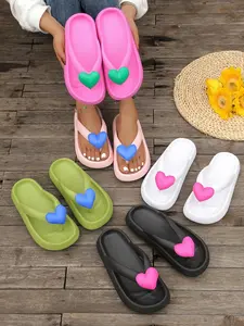 Women's Cute Heart Design Flip Flops, Casual Soft Comfortable Home Slippers, Non-slip Slippers for Indoor & Outdoor Wear, Girl