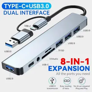 Expand USB Hub 8 in 1 USB-C Hub Multiport Adapter, USB & Type-C Docking Station with Type C, USB 3.0/2.0, SD/TF Card Slots, Audio Port, Lightweight Slim Design for Laptop, Tablet, Computer