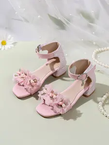 New Girls' Floral Princess Shoes, Elegant Square Toe, Chunky Heel, Buckle Sandals, Comfortable Party & Daily Wear, Perfect for Birthdays