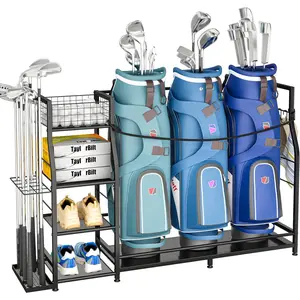 Golf Bag Stand for Golf Bag Accessories, Golf Bag Storage Organizer Fits 3 Bags for Garage Organization, Golf Organizer with Extra Storage Rack for Golf Clubs & Golf Essentials, Golf Gifts for Men