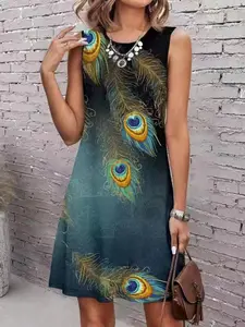 Women's Peacock Feather Print Short Sleeve Dress, Elegant Fitted Design, All Seasons Wear, Perfect for Casual and Stylish