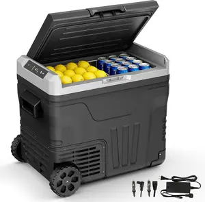 EUHOMY 12V Refrigerator (24/37/53Quart /23L/35L/50L) supports 12V/24V DC & 110-240V AC. Portable with -4°F~68°F range, it features wheels, 2 baskets, and large cooling zone. Ideal for RVs, travel, Truck, Boat