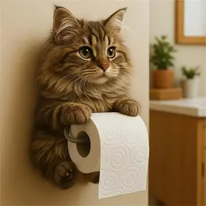 Cute Cat Paper Towel Holder, Adhesive No-Drill Bathroom or Kitchen Dispenser, Fits Standard Rolls, Easy Installation, Fun Design