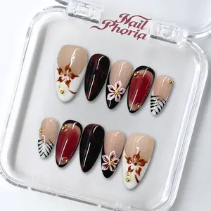 NailPhoria AMBER FLEUR - Handmade Press-On Nails | Reusable, Salon-Quality, Long-Lasting, Glossy Design