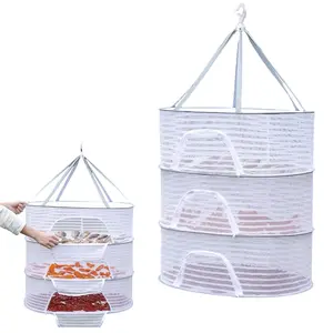 Three-Tier Hanging Drying Rack for Herbs & Fish, Foldable Grid Storage Shelf with Fabric Liner, Indoor Outdoor Use
