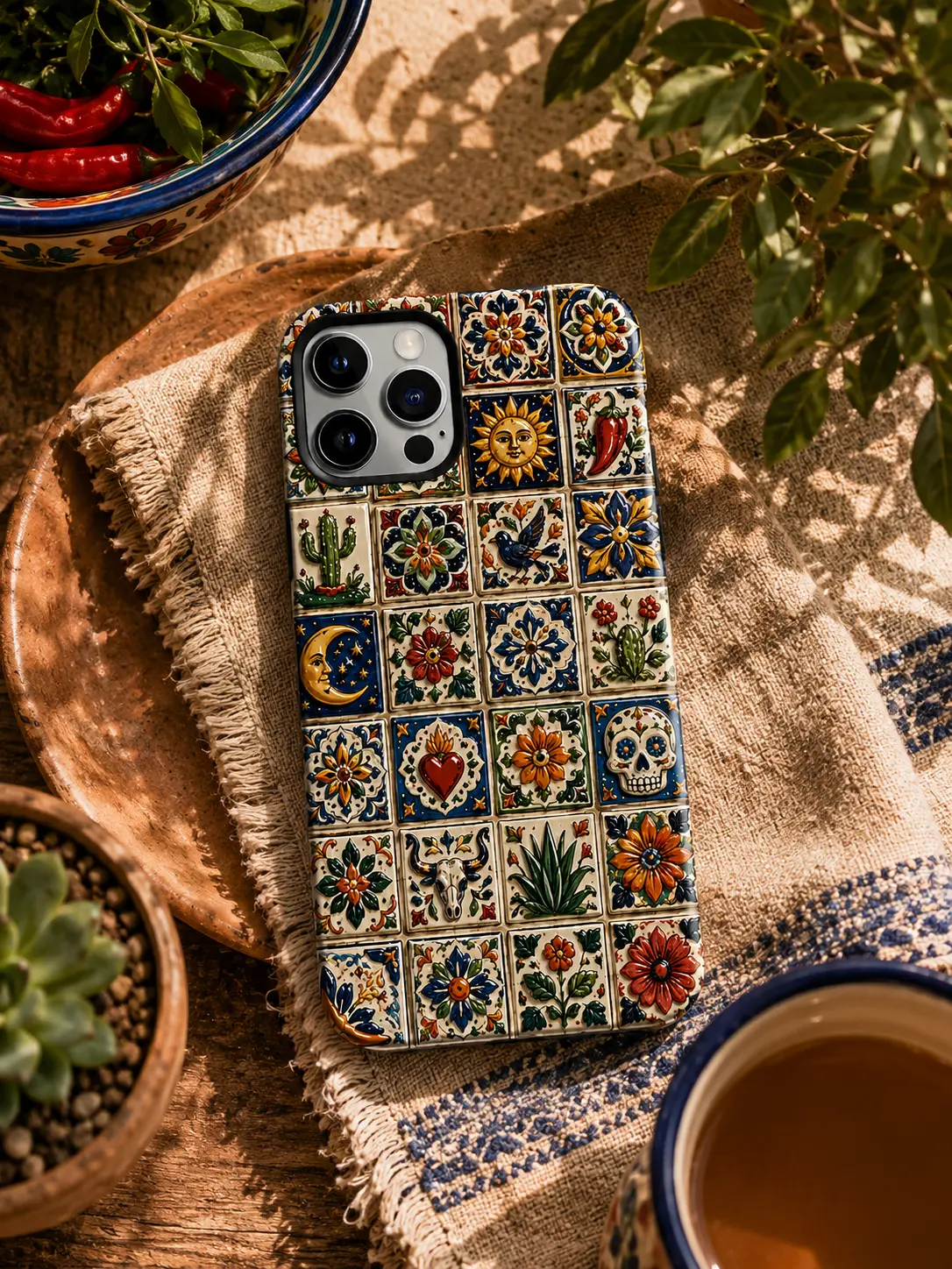 Southwestern Talavera Tile Phone Case, Desert Floral Tough iPhone Case, Mexican Ceramic Mosaic Cover, Cactus Sun Skull Folk Art Gift