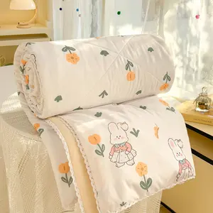 A summer lightweight blanket featuring a cute tulip and rabbit print with lace trim—a soft, skin-friendly summer cooling blanket, perfect for summer bedrooms, offices, Lightweight breathable blanket