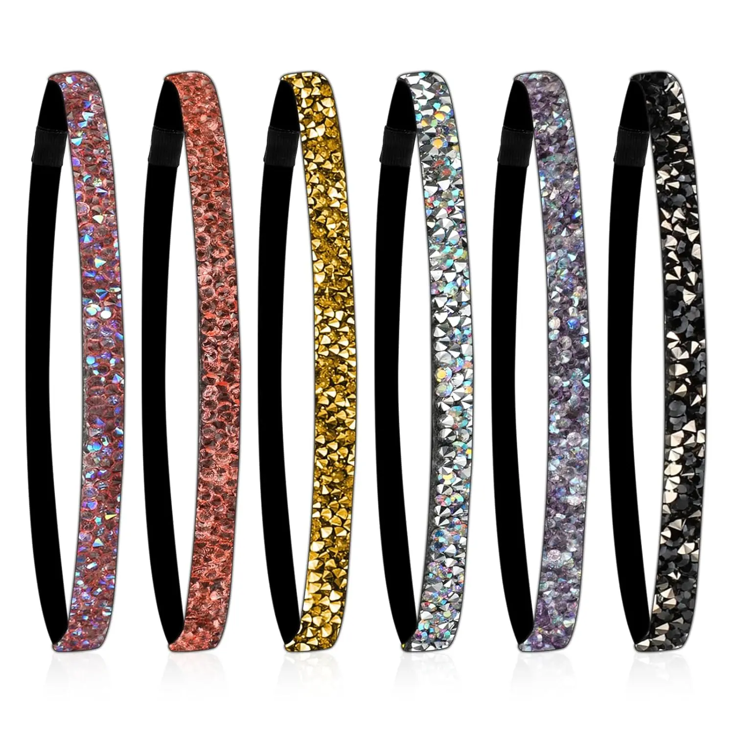 Female Glitter Headbands, 6-Count Elastic Rhinestone Non-Slip Hair Accessories for Girls – Shiny Fabric Stretchy for Athletic Running and Yoga